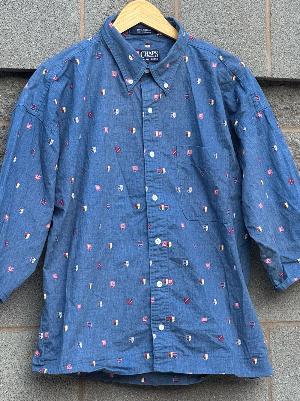 Men’s Vintage 90’s Chaps Ralph Lauren Denim Crest Flag Button Down Shirt XL